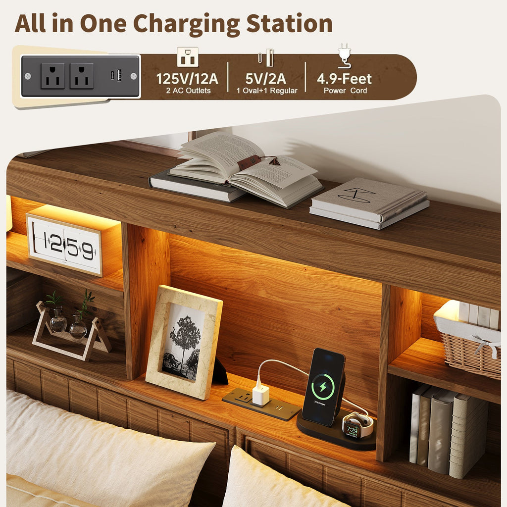 King Size Platform Bed Frame with Storage Drawers, Fluted Headboard, LED Lights & Charging Station, Rustic Brown, No Box Spring Needed - YanosakuUS-BF033-BR-KING