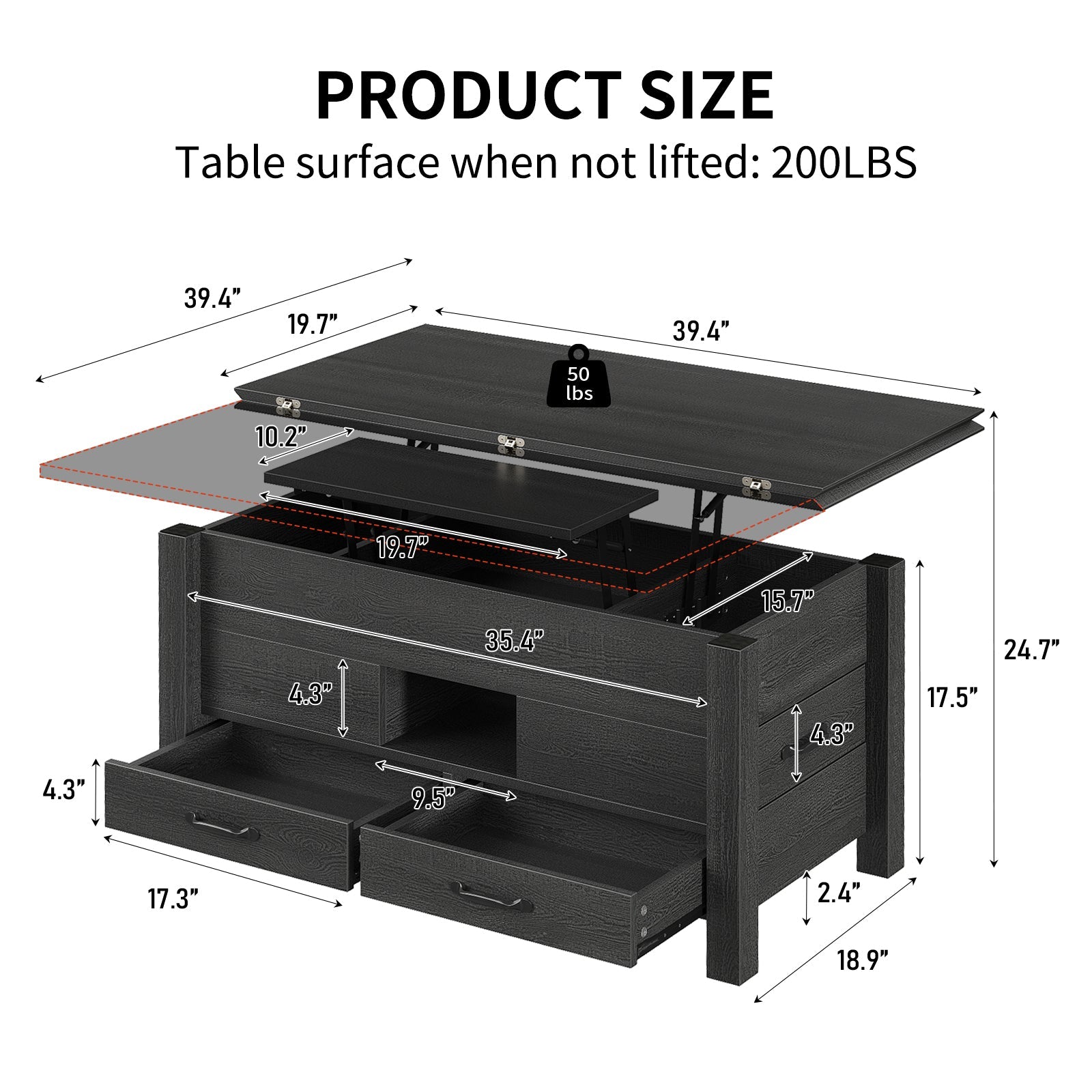 Lift Top Coffee Table, 39.4" Multi-Function Convertible Coffee Table with 4 Storage Drawers & Hidden Compartment- Vektaya - VektayaDeskCT003