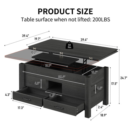 Lift Top Coffee Table, 39.4" Multi-Function Convertible Coffee Table with 4 Storage Drawers & Hidden Compartment- Vektaya - VektayaDeskCT003