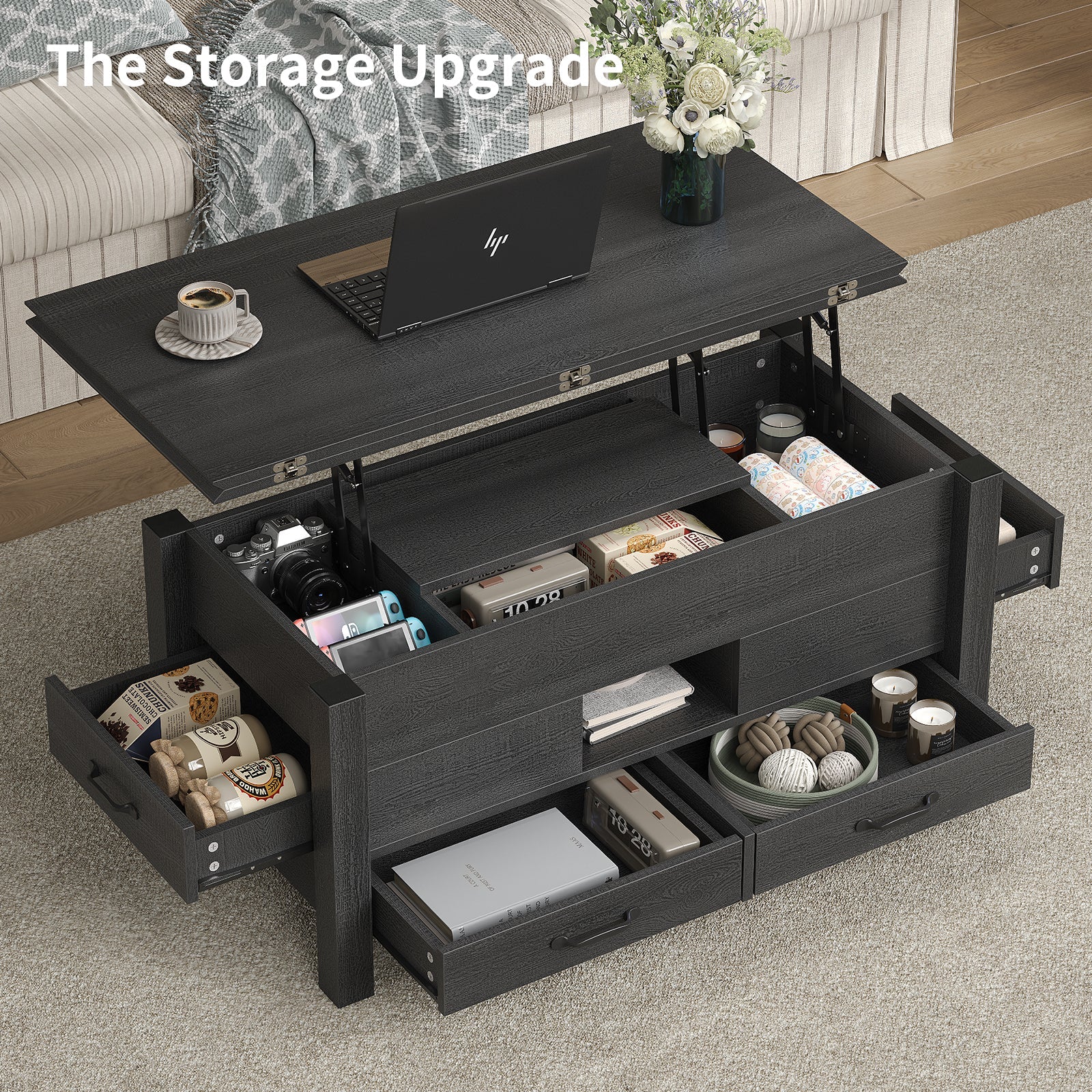 Lift Top Coffee Table, 39.4" Multi-Function Convertible Coffee Table with 4 Storage Drawers & Hidden Compartment- Vektaya - VektayaDeskCT003