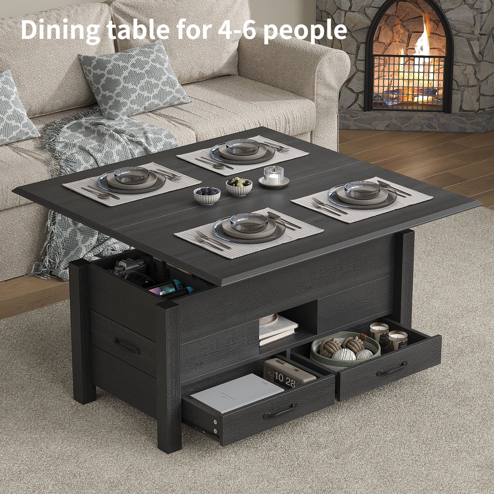 Lift Top Coffee Table, 39.4" Multi-Function Convertible Coffee Table with 4 Storage Drawers & Hidden Compartment- Vektaya - VektayaDeskCT003