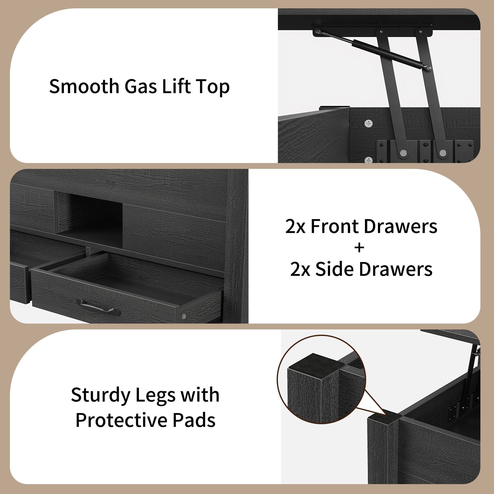 Lift Top Coffee Table, 39.4" Multi-Function Convertible Coffee Table with 4 Storage Drawers & Hidden Compartment- Vektaya - VektayaDeskCT003