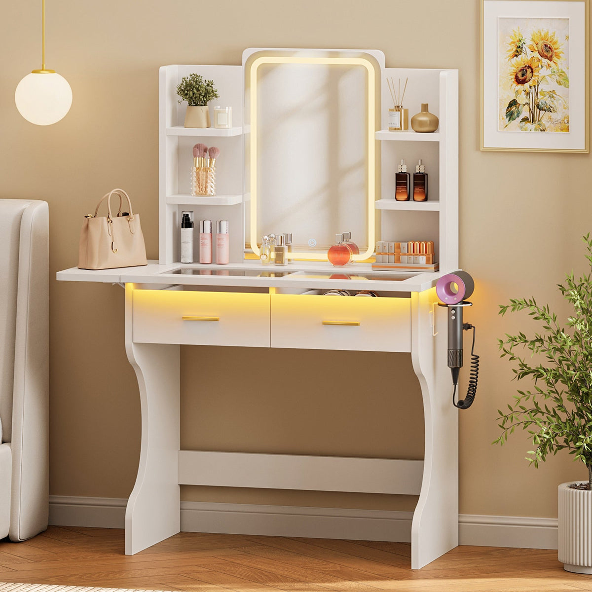 Makeup Vanity Desk with LED Mirror, Glass Top, 3 Lighting Modes, 2 Drawers, Foldable Side Shelf, Charging Station & Hair Dryer Holder, White - YanosakuUS-VD055-WE