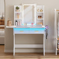 Makeup Vanity Desk with LED Mirror, Glass Top, 3 Lighting Modes, 2 Drawers, Foldable Side Shelf, Charging Station & Hair Dryer Holder, White - YanosakuUS-VD055-WE