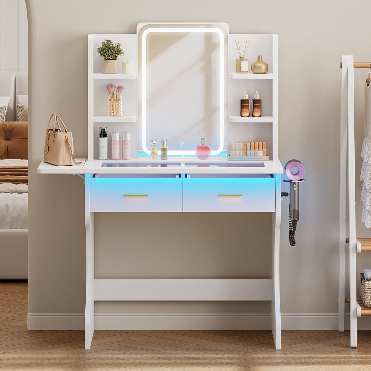 Makeup Vanity Desk with LED Mirror, Glass Top, 3 Lighting Modes, 2 Drawers, Foldable Side Shelf, Charging Station & Hair Dryer Holder, White - YanosakuUS-VD055-WE
