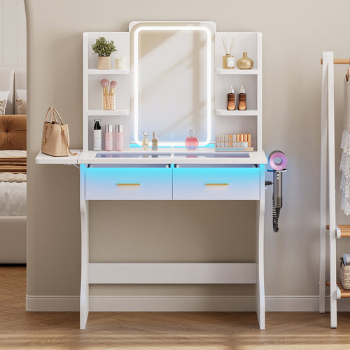 Makeup Vanity Desk with LED Mirror, Glass Top, 3 Lighting Modes, 2 Drawers, Foldable Side Shelf, Charging Station & Hair Dryer Holder, White - YanosakuUS-VD055-WE