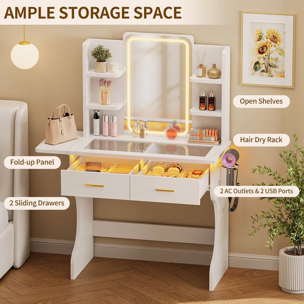 Makeup Vanity Desk with LED Mirror, Glass Top, 3 Lighting Modes, 2 Drawers, Foldable Side Shelf, Charging Station & Hair Dryer Holder, White - YanosakuUS-VD055-WE