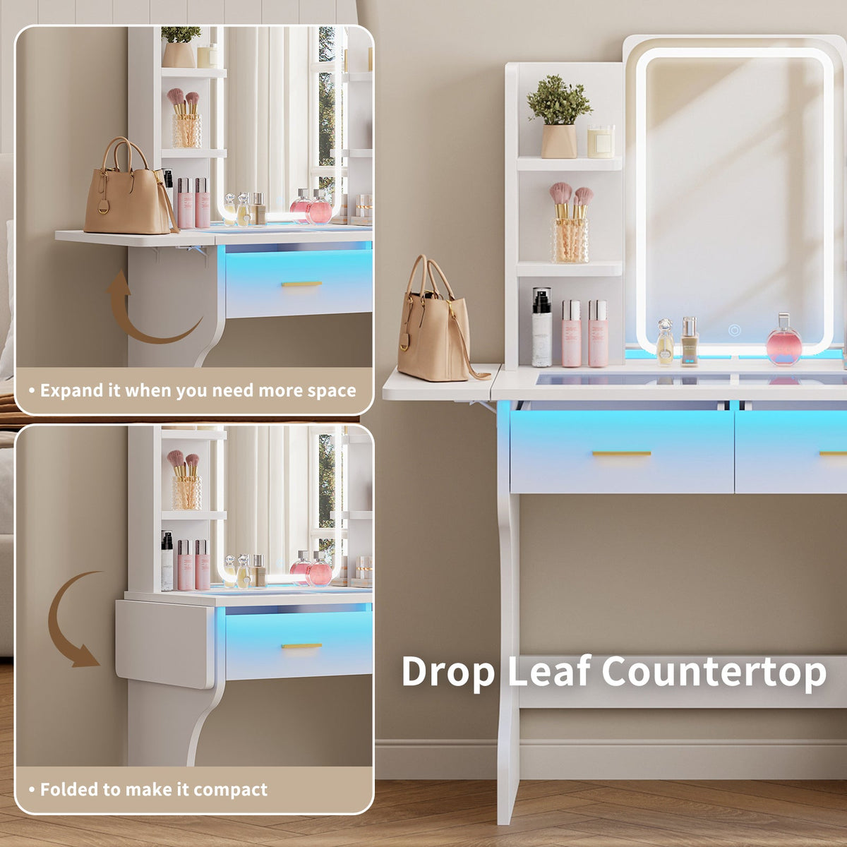 Makeup Vanity Desk with LED Mirror, Glass Top, 3 Lighting Modes, 2 Drawers, Foldable Side Shelf, Charging Station & Hair Dryer Holder, White - YanosakuUS-VD055-WE