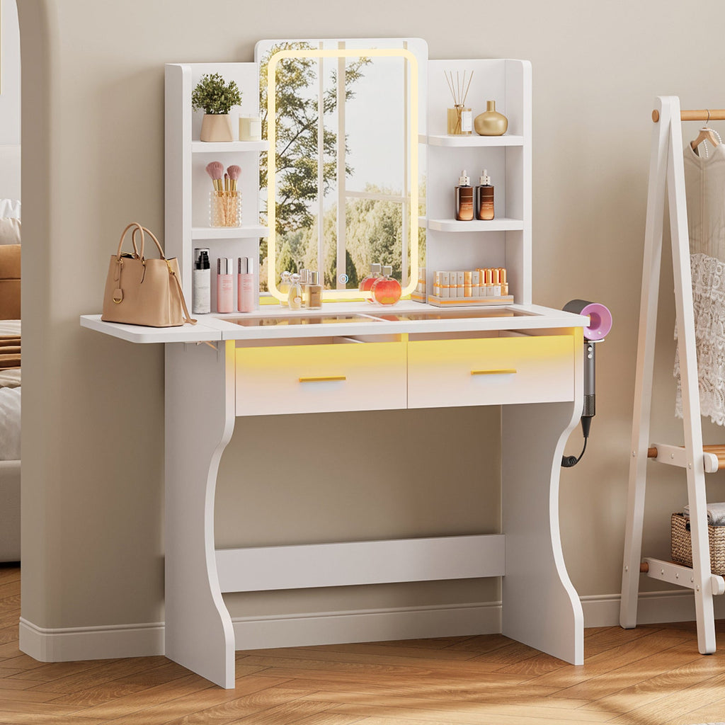 Makeup Vanity Desk with LED Mirror, Glass Top, 3 Lighting Modes, 2 Drawers, Foldable Side Shelf, Charging Station & Hair Dryer Holder, White - YanosakuUS-VD055-WE