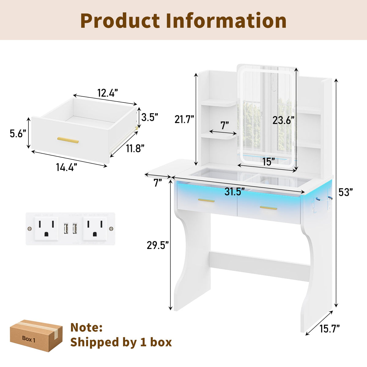Makeup Vanity Desk with LED Mirror, Glass Top, 3 Lighting Modes, 2 Drawers, Foldable Side Shelf, Charging Station & Hair Dryer Holder, White - YanosakuUS-VD055-WE