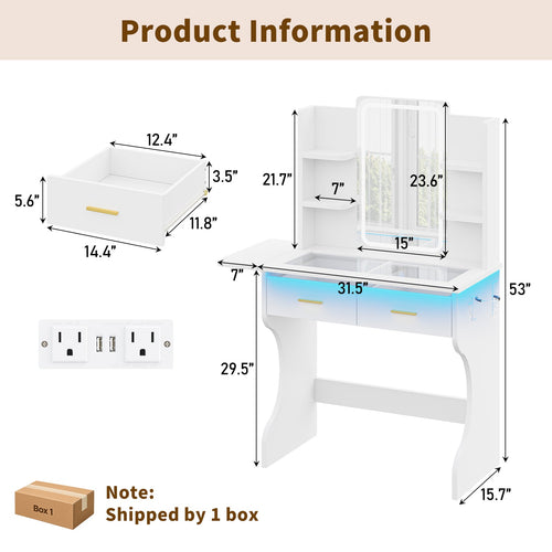 Makeup Vanity Desk with LED Mirror, Glass Top, 3 Lighting Modes, 2 Drawers, Foldable Side Shelf, Charging Station & Hair Dryer Holder, White - YanosakuUS-VD055-WE