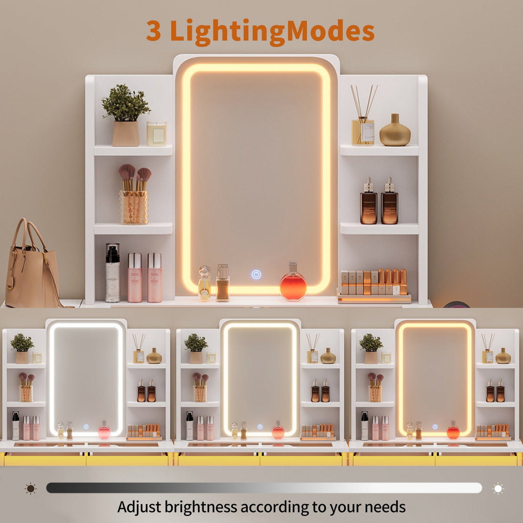 Makeup Vanity Desk with LED Mirror, Glass Top, 3 Lighting Modes, 2 Drawers, Foldable Side Shelf, Charging Station & Hair Dryer Holder, White - YanosakuUS-VD055-WE
