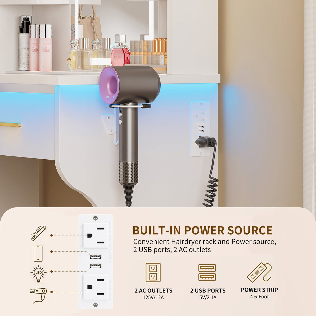 Makeup Vanity Desk with LED Mirror, Glass Top, 3 Lighting Modes, 2 Drawers, Foldable Side Shelf, Charging Station & Hair Dryer Holder, White - YanosakuUS-VD055-WE