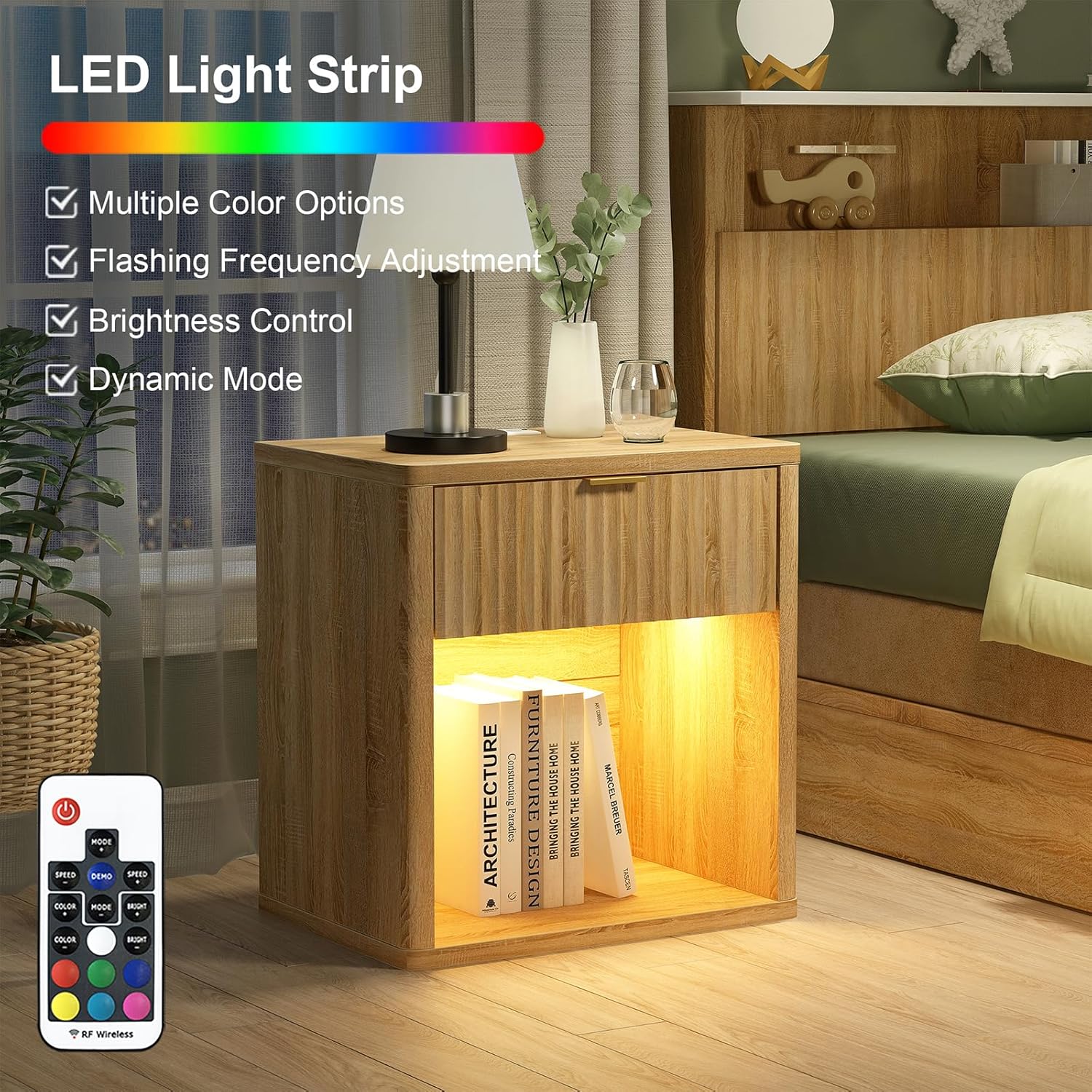 Night Stand with Drawer Storage Bed Side Table End Table Large Modern Wood Wide Bedside Stand - Yanosaku SotreFurniture