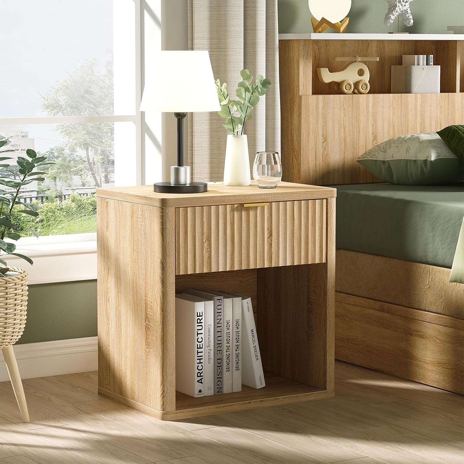 Night Stand with Drawer Storage Bed Side Table End Table Large Modern Wood Wide Bedside Stand - Yanosaku SotreFurniture