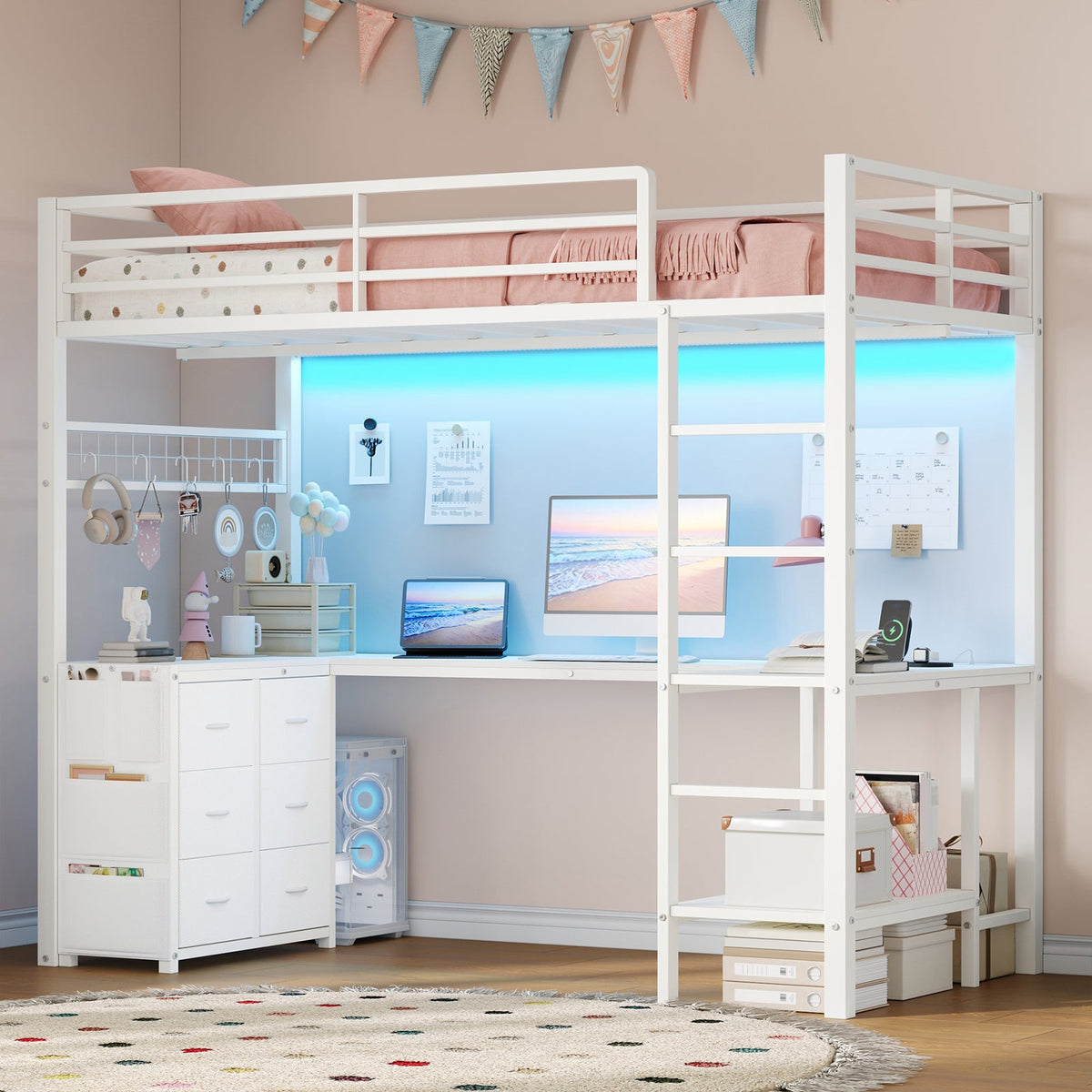 Twin Loft Bed with Desk, LED Lights & Charging Station, Black Loft Bed Frame with 6 Storage Drawers, 2 Shelves, Guardrails & Ladders - YanosakuUS-BF025-BK-T