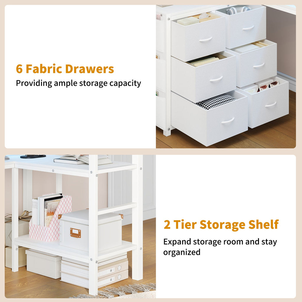 Twin Loft Bed with Desk, LED Lights & Charging Station, Black Loft Bed Frame with 6 Storage Drawers, 2 Shelves, Guardrails & Ladders - YanosakuUS-BF025-BK-T
