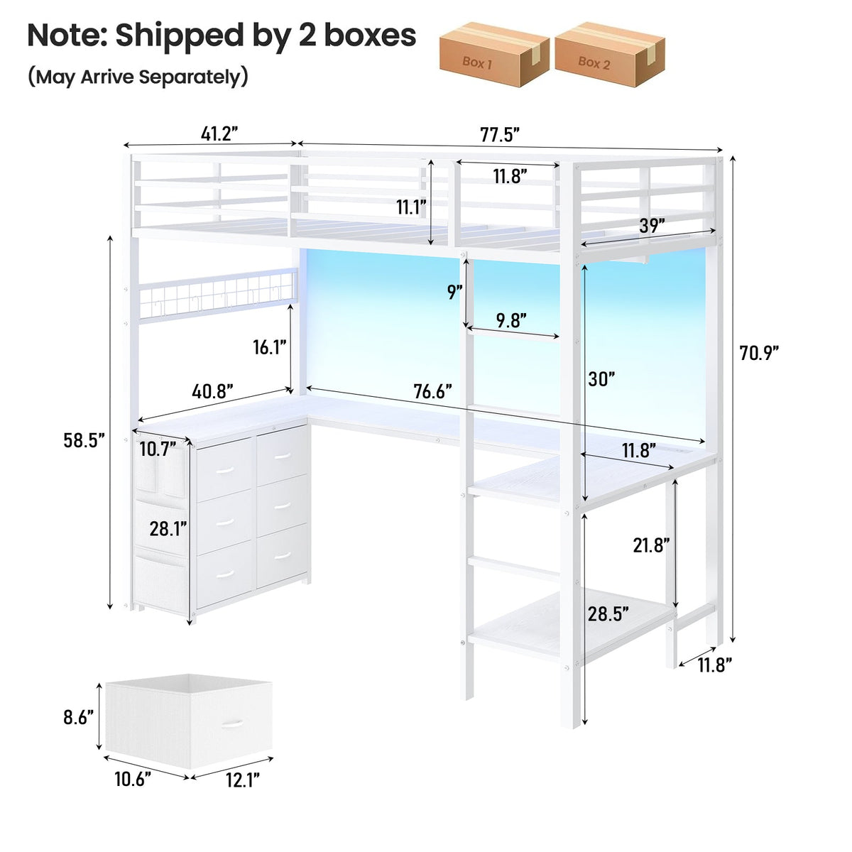 Twin Loft Bed with Desk, LED Lights & Charging Station, Black Loft Bed Frame with 6 Storage Drawers, 2 Shelves, Guardrails & Ladders - YanosakuUS-BF025-BK-T