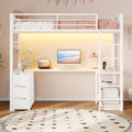 Twin Loft Bed with Desk, LED Lights & Charging Station, Black Loft Bed Frame with 6 Storage Drawers, 2 Shelves, Guardrails & Ladders - YanosakuUS-BF025-WH-T