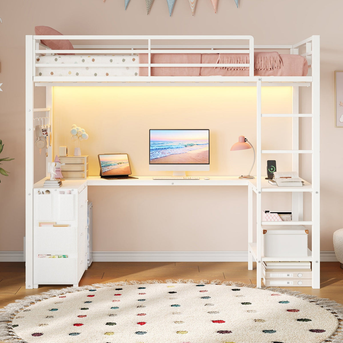 Twin Loft Bed with Desk, LED Lights & Charging Station, Black Loft Bed Frame with 6 Storage Drawers, 2 Shelves, Guardrails & Ladders - YanosakuUS-BF025-WH-T