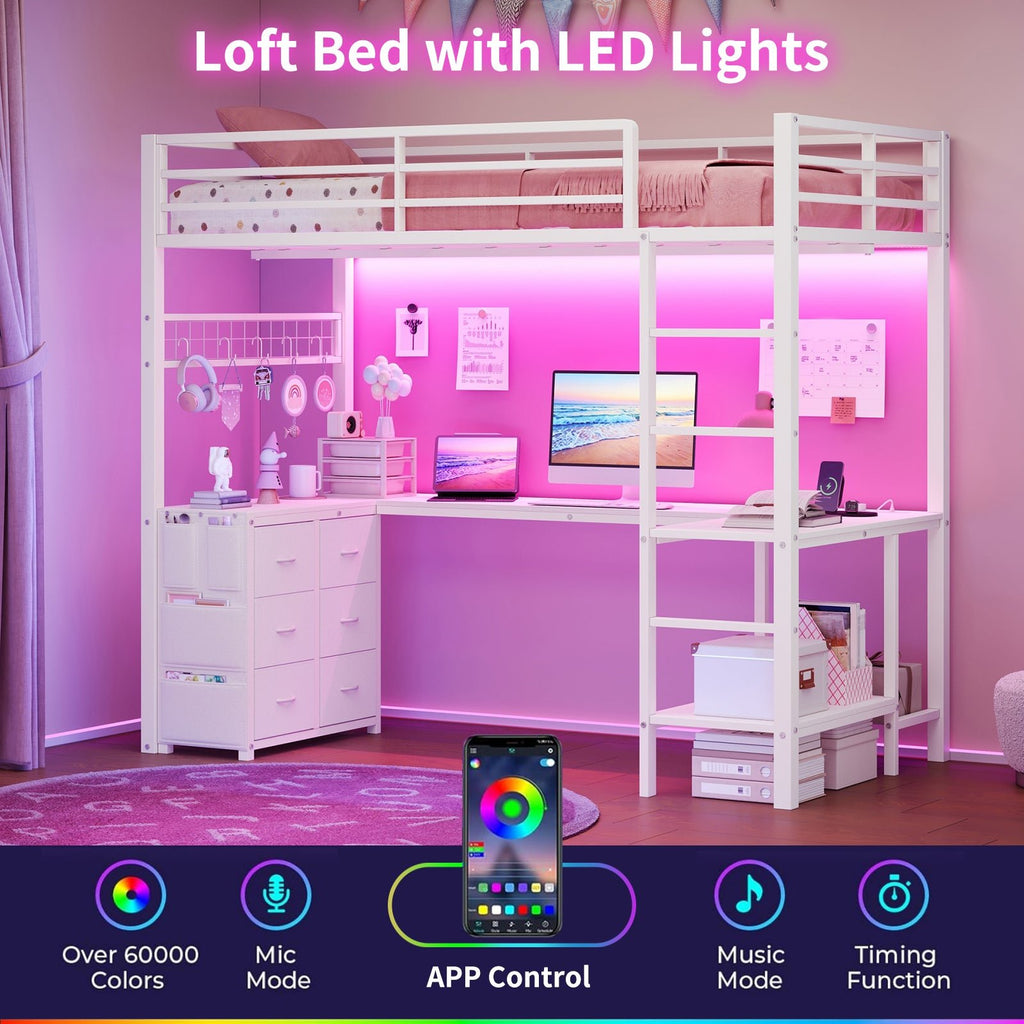 Twin Loft Bed with Desk, LED Lights & Charging Station, Black Loft Bed Frame with 6 Storage Drawers, 2 Shelves, Guardrails & Ladders - YanosakuUS-BF025-BK-T