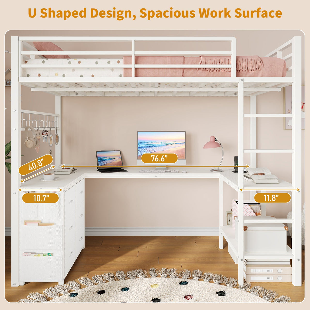Twin Loft Bed with Desk, LED Lights & Charging Station, Black Loft Bed Frame with 6 Storage Drawers, 2 Shelves, Guardrails & Ladders - YanosakuUS-BF025-BK-T