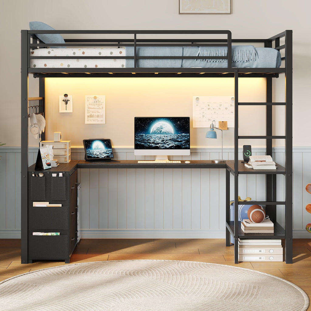 Twin Loft Bed with Desk, LED Lights & Charging Station, Black Loft Bed Frame with 6 Storage Drawers, 2 Shelves, Guardrails & Ladders - YanosakuUS-BF025-BK-T