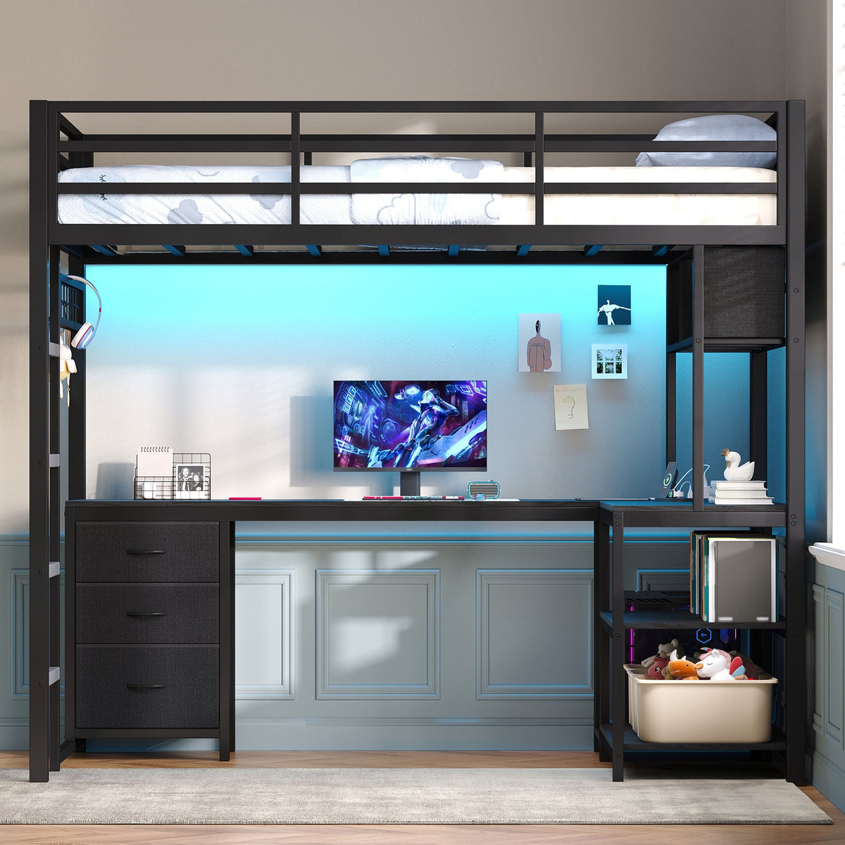 Twin Loft Bed with L-Shaped Desk, RGB LED Lights & Charging Station, Metal Bed Frame with 3 Fabric Drawers, Open Shelves & Grid Pegboard, Black - YanosakuUS-BF027-BK-T