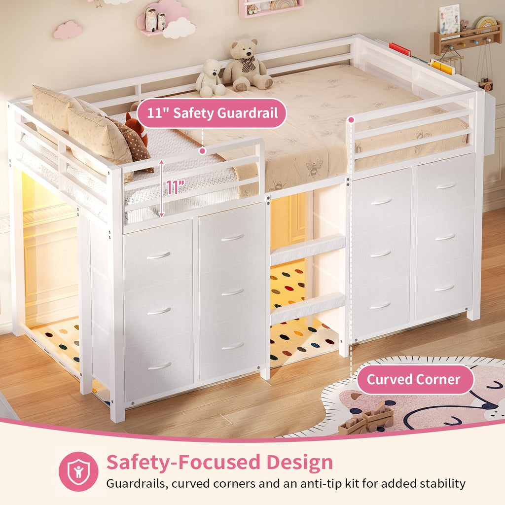 Twin Low Loft Bed for Kids with 12 Storage Drawers, RGB LED Lights & Wide Ladder, Black Metal Frame with 11" Guardrail - YanosakuUS-BF023-WE-T