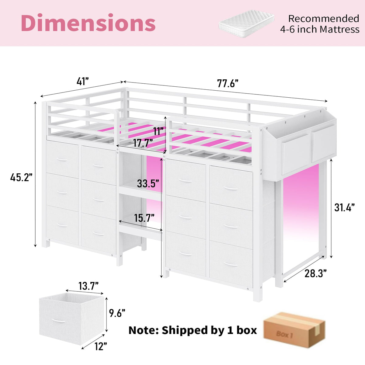 Twin Low Loft Bed for Kids with 12 Storage Drawers, RGB LED Lights & Wide Ladder, Black Metal Frame with 11" Guardrail - YanosakuUS-BF023-WE-T