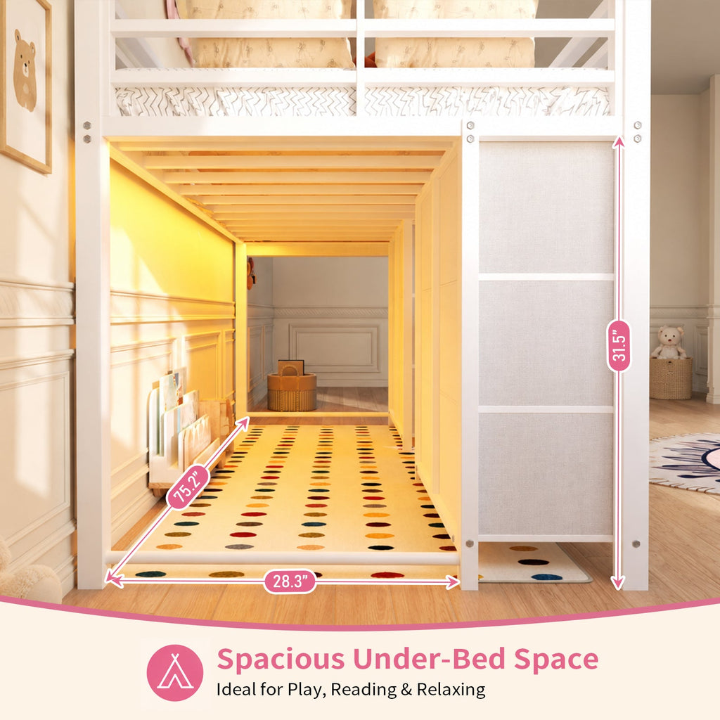 Twin Low Loft Bed for Kids with 12 Storage Drawers, RGB LED Lights & Wide Ladder, Black Metal Frame with 11" Guardrail - YanosakuUS-BF023-WE-T