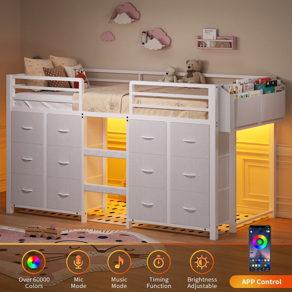 Twin Low Loft Bed for Kids with 12 Storage Drawers, RGB LED Lights & Wide Ladder, Black Metal Frame with 11" Guardrail - YanosakuUS-BF023-WE-T