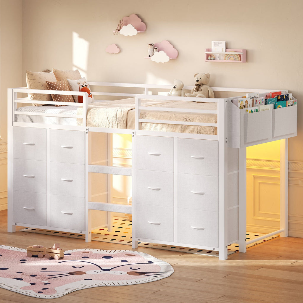 Twin Low Loft Bed for Kids with 12 Storage Drawers, RGB LED Lights & Wide Ladder, Black Metal Frame with 11" Guardrail - YanosakuUS-BF023-WE-T
