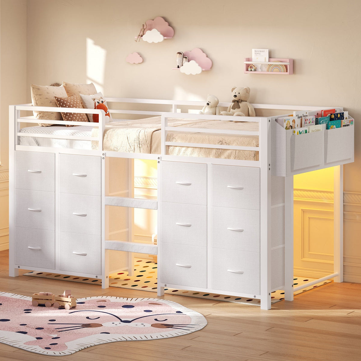 Twin Low Loft Bed for Kids with 12 Storage Drawers, RGB LED Lights & Wide Ladder, Black Metal Frame with 11" Guardrail - YanosakuUS-BF023-WE-T