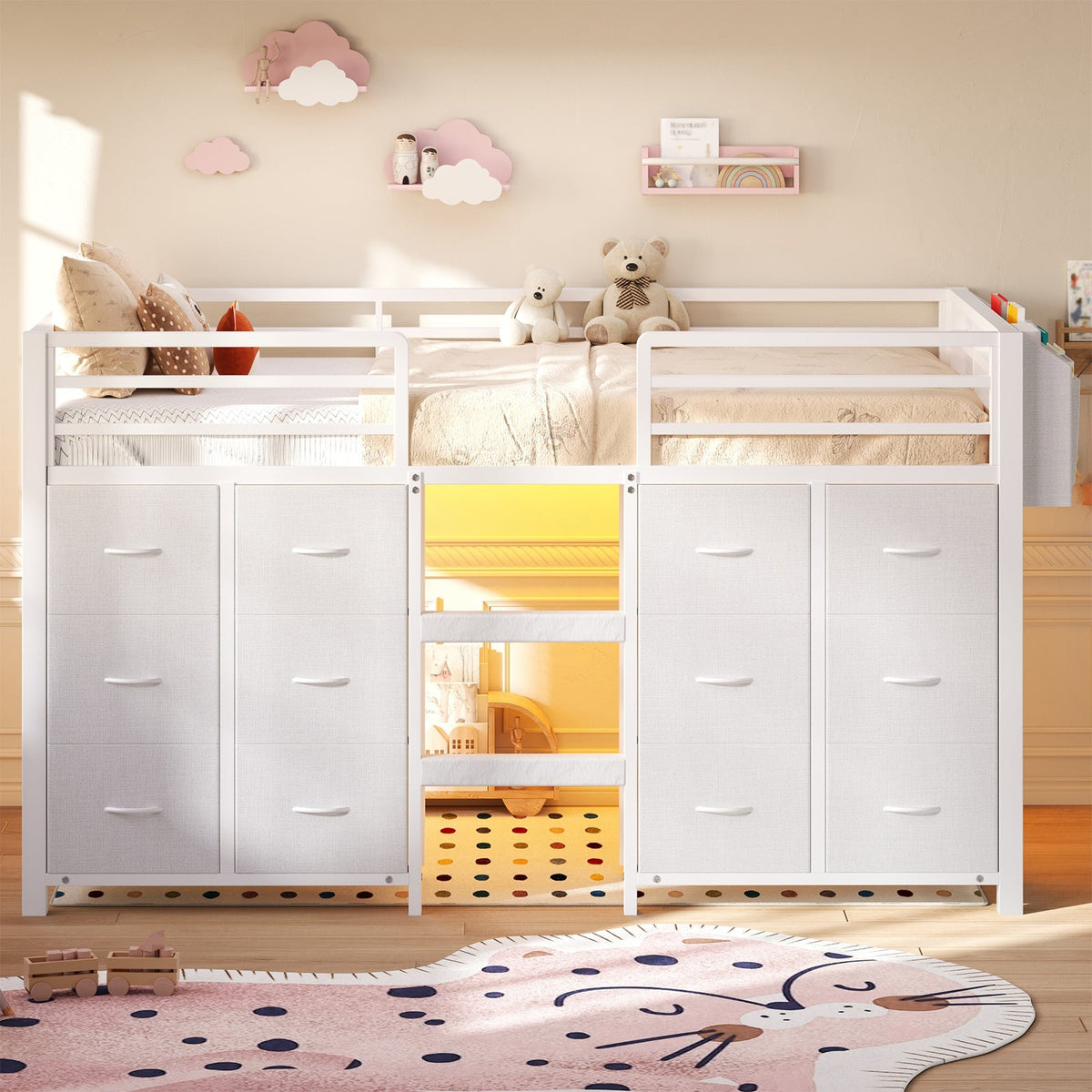 Twin Low Loft Bed for Kids with 12 Storage Drawers, RGB LED Lights & Wide Ladder, Black Metal Frame with 11" Guardrail - YanosakuUS-BF023-WE-T