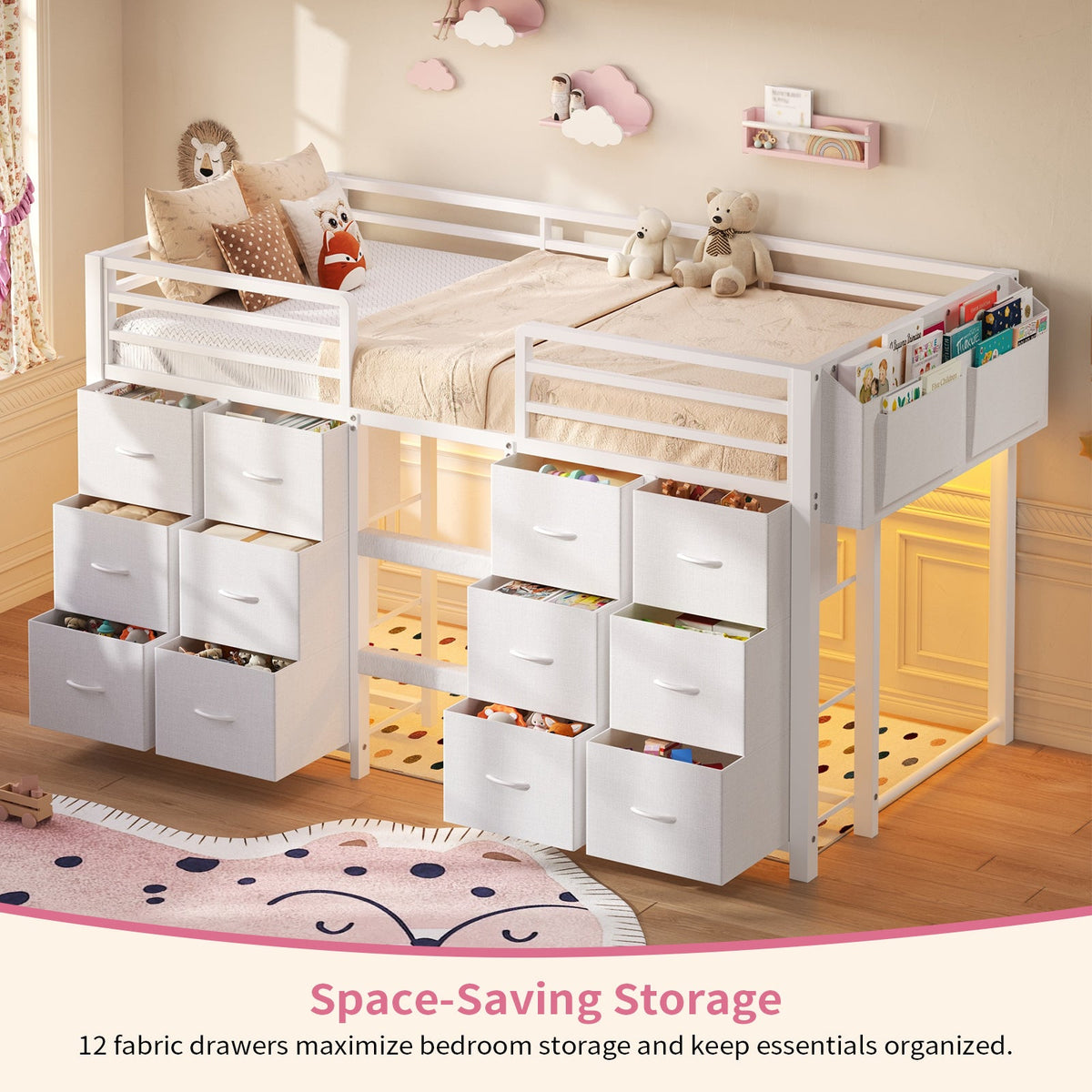 Twin Low Loft Bed for Kids with 12 Storage Drawers, RGB LED Lights & Wide Ladder, Black Metal Frame with 11" Guardrail - YanosakuUS-BF023-WE-T