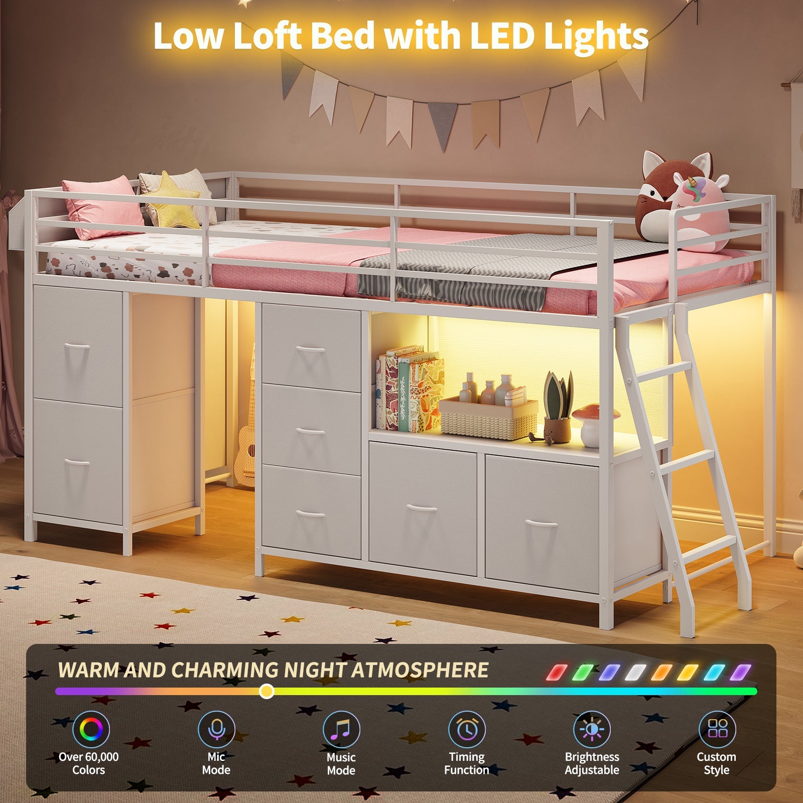 Twin Low Loft Bed with 7 Drawers & Bookcase, RGB LED Lights, Metal Bed Frame with Safety Guardrails & Inclined Ladder, Under-Bed Play Space, Pink - Yanosaku
