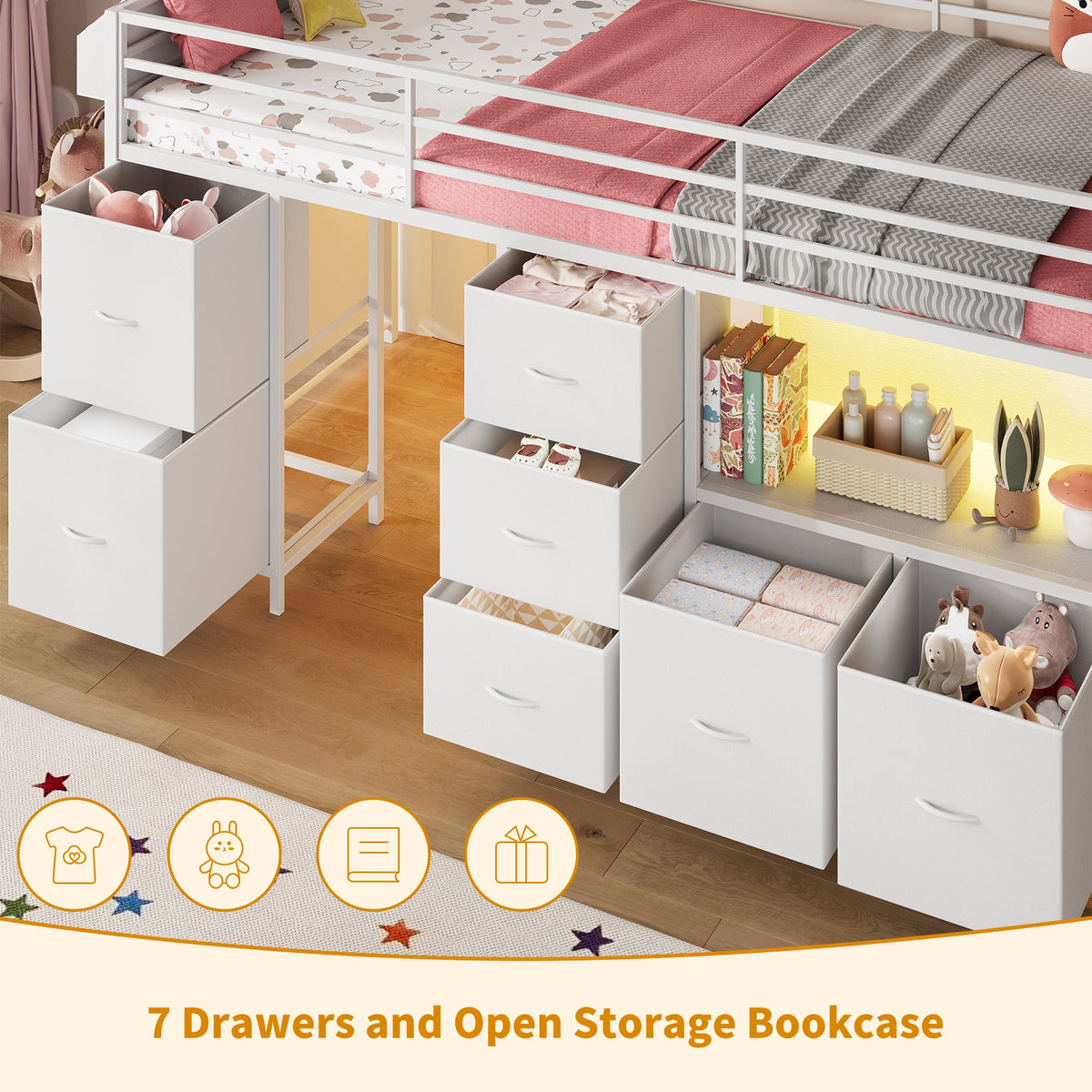Twin Low Loft Bed with 7 Drawers & Bookcase, RGB LED Lights, Metal Bed Frame with Safety Guardrails & Inclined Ladder, Under-Bed Play Space, Pink - Yanosaku