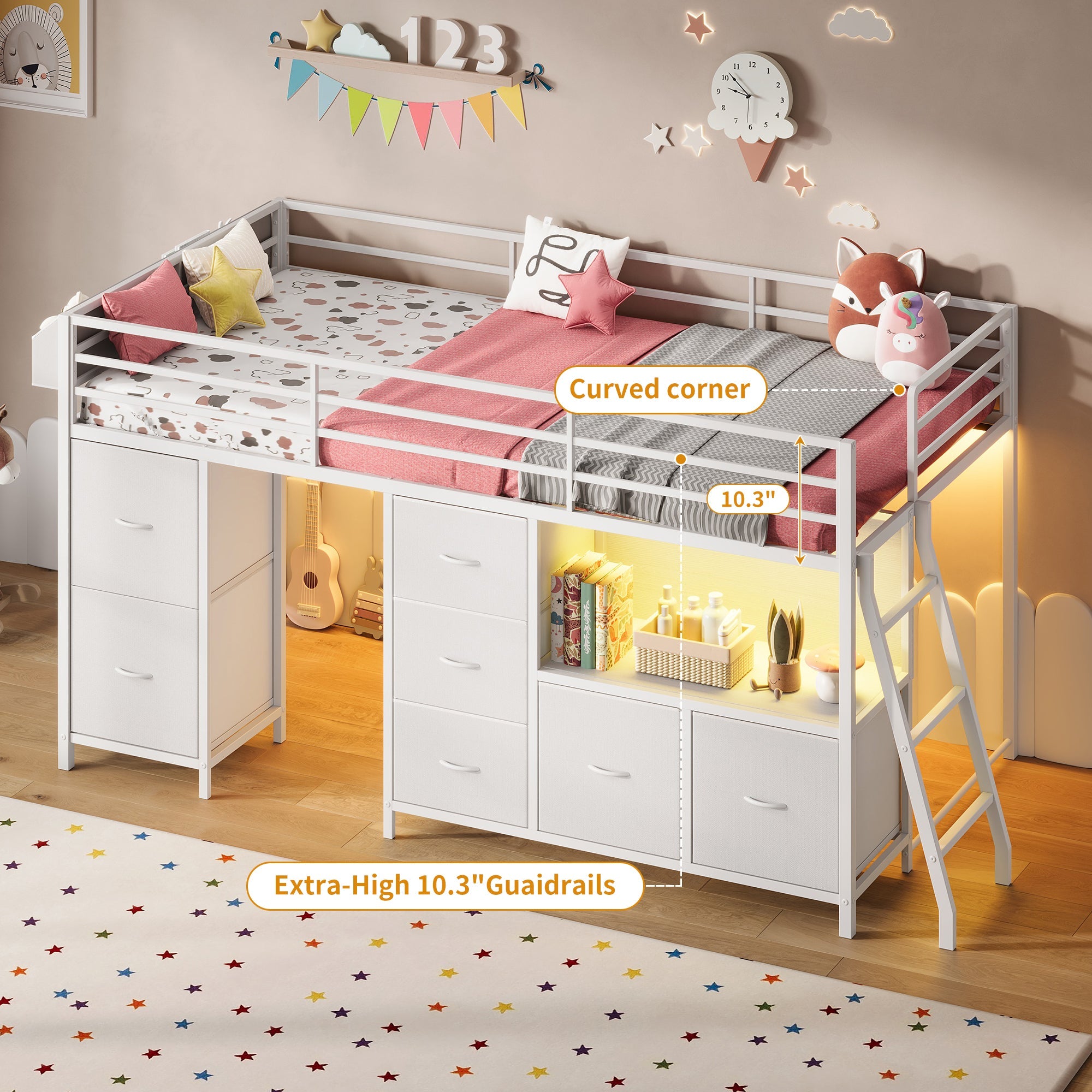 Twin Low Loft Bed with 7 Drawers & Bookcase, RGB LED Lights, Metal Bed Frame with Safety Guardrails & Inclined Ladder, Under-Bed Play Space, Pink - Yanosaku