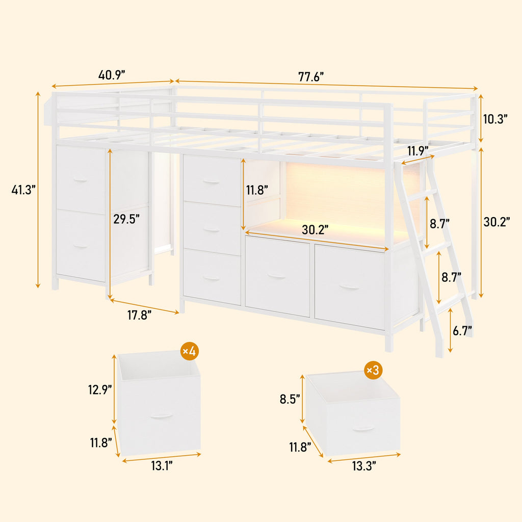 Twin Low Loft Bed with 7 Drawers & Bookcase, RGB LED Lights, Metal Bed Frame with Safety Guardrails & Inclined Ladder, Under-Bed Play Space, Pink - Yanosaku