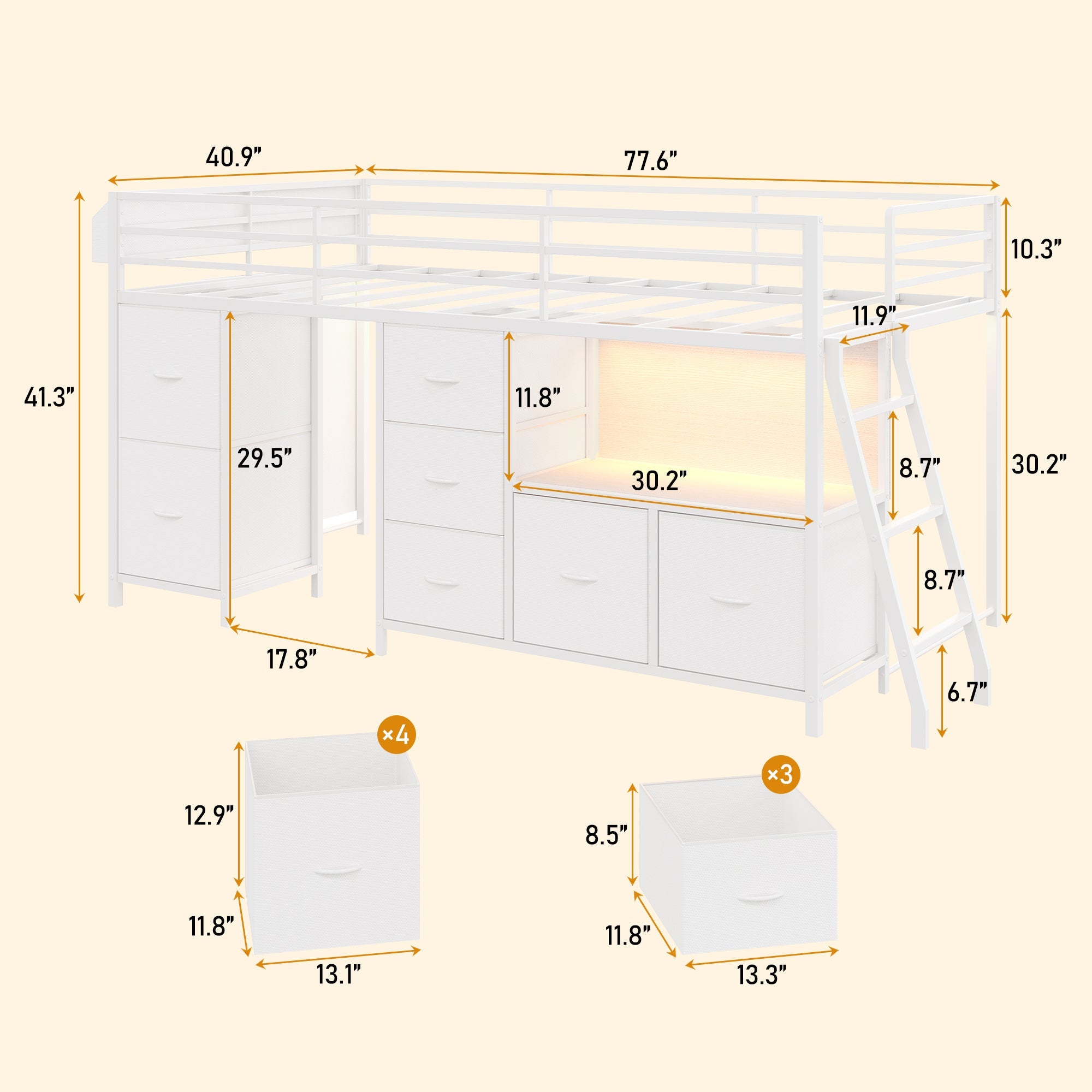 Twin Low Loft Bed with 7 Drawers & Bookcase, RGB LED Lights, Metal Bed Frame with Safety Guardrails & Inclined Ladder, Under-Bed Play Space, Pink - Yanosaku