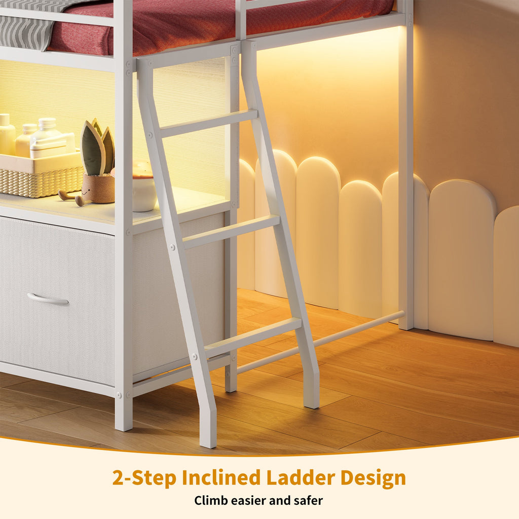 Twin Low Loft Bed with 7 Drawers & Bookcase, RGB LED Lights, Metal Bed Frame with Safety Guardrails & Inclined Ladder, Under-Bed Play Space, Pink - Yanosaku