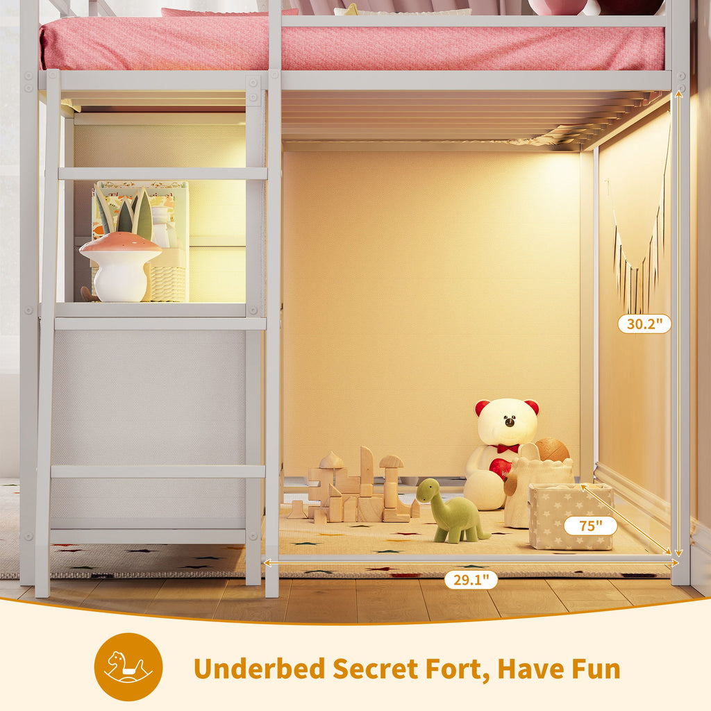 Twin Low Loft Bed with 7 Drawers & Bookcase, RGB LED Lights, Metal Bed Frame with Safety Guardrails & Inclined Ladder, Under-Bed Play Space, Pink - Yanosaku