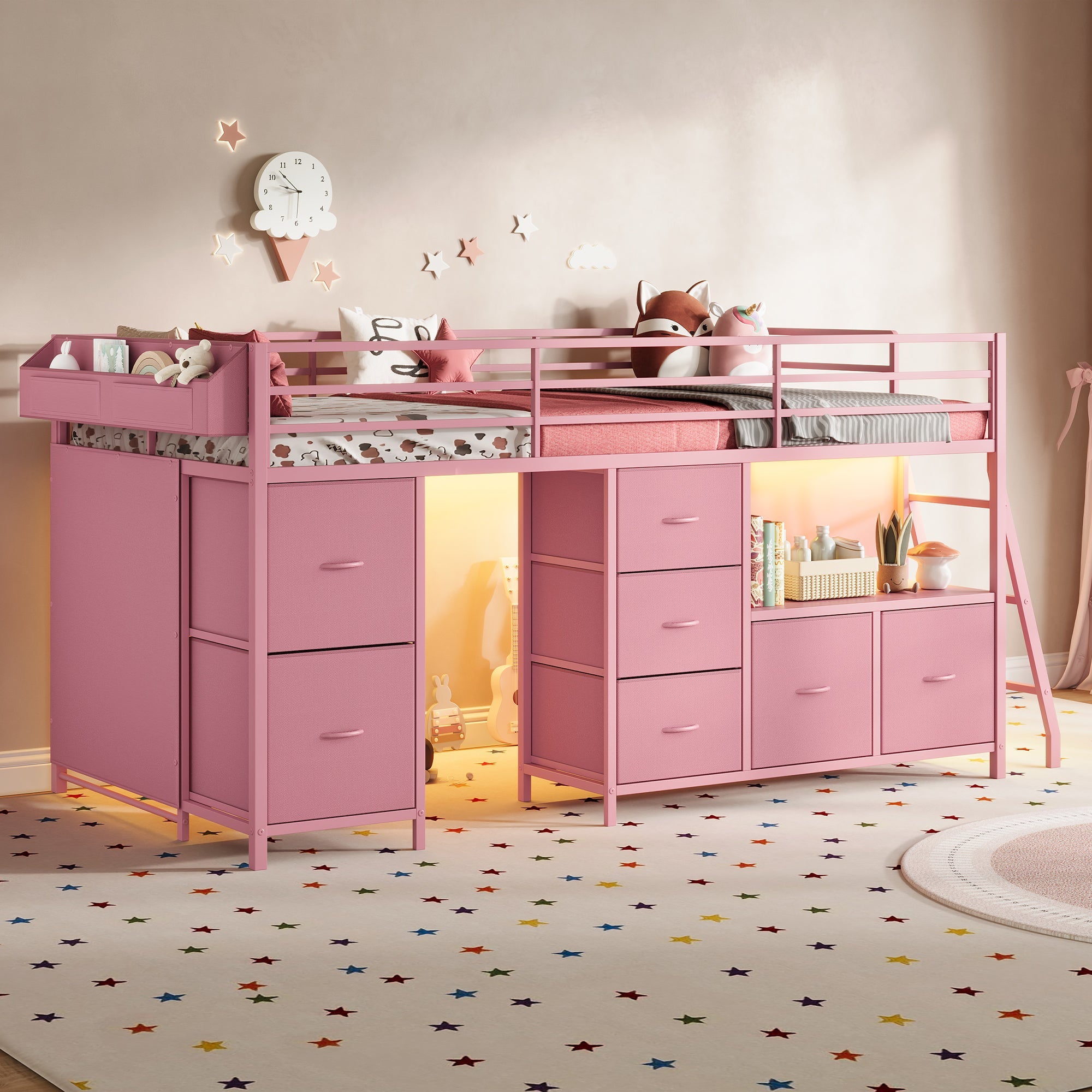 Twin Low Loft Bed with 7 Drawers & Bookcase, RGB LED Lights, Metal Bed Frame with Safety Guardrails & Inclined Ladder, Under-Bed Play Space, Pink - Yanosaku