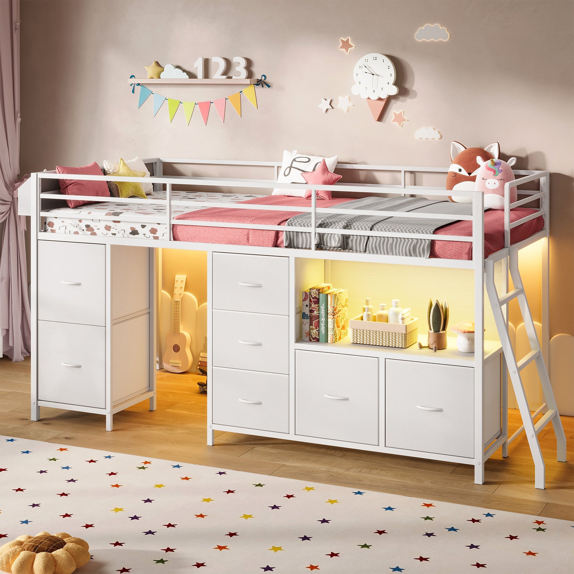 Twin Low Loft Bed with 7 Drawers & Bookcase, RGB LED Lights, Metal Bed Frame with Safety Guardrails & Inclined Ladder, Under-Bed Play Space, Pink - Yanosaku