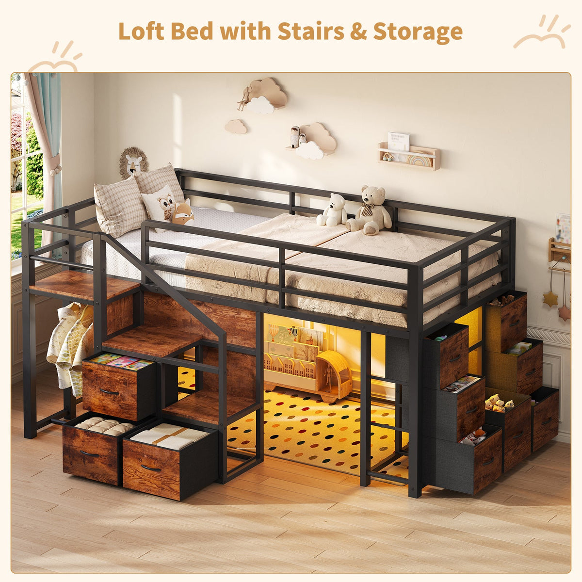 Twin Low Loft Bed with Storage Stairs, 10 Fabric Drawers, RGB LED Lights & Clothes Rail, Brown Metal Frame - YanosakuUS-BF037-BK-T