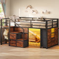 Twin Low Loft Bed with Storage Stairs, 10 Fabric Drawers, RGB LED Lights & Clothes Rail, Brown Metal Frame - YanosakuUS-BF037-BK-T