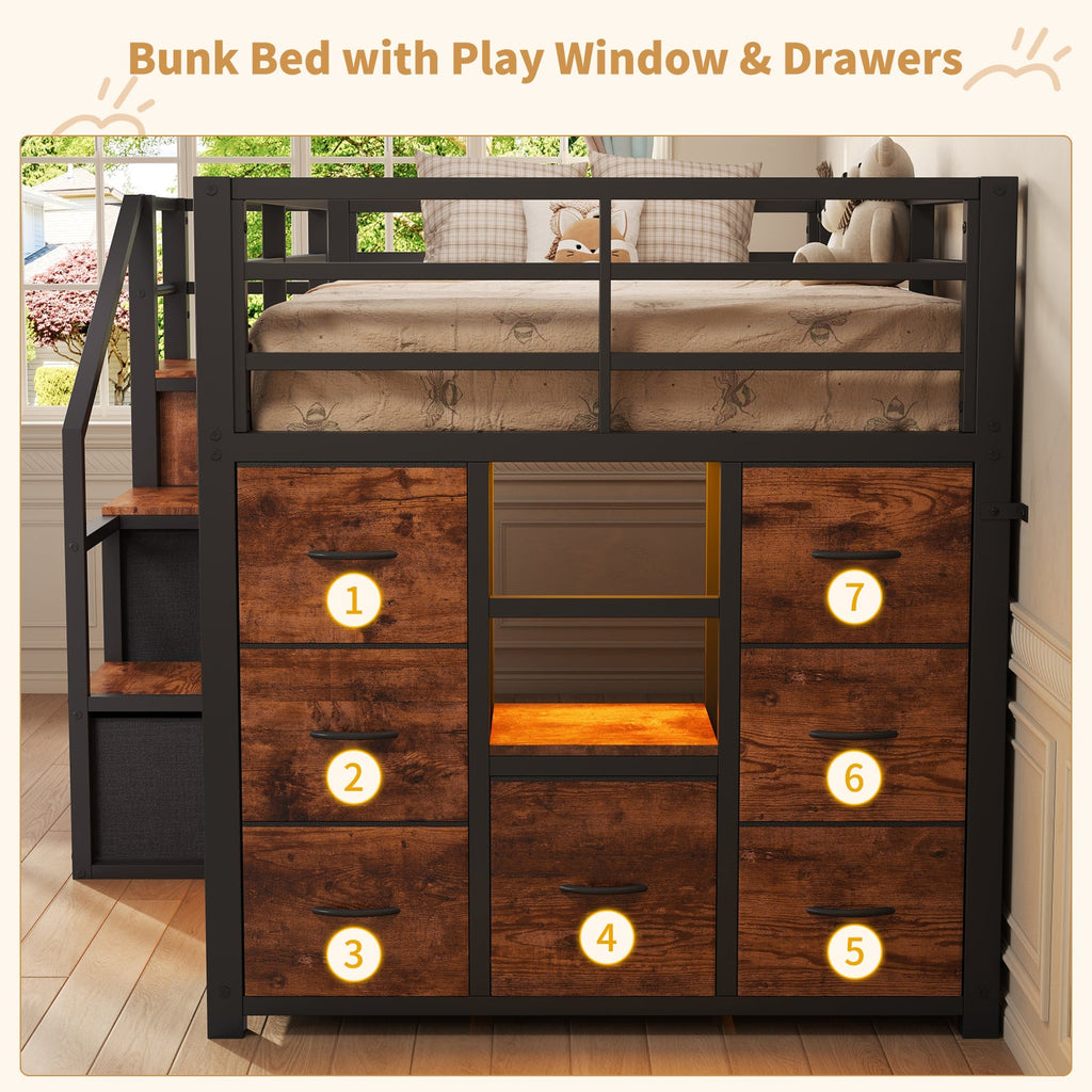 Twin Low Loft Bed with Storage Stairs, 10 Fabric Drawers, RGB LED Lights & Clothes Rail, Brown Metal Frame - YanosakuUS-BF037-BK-T