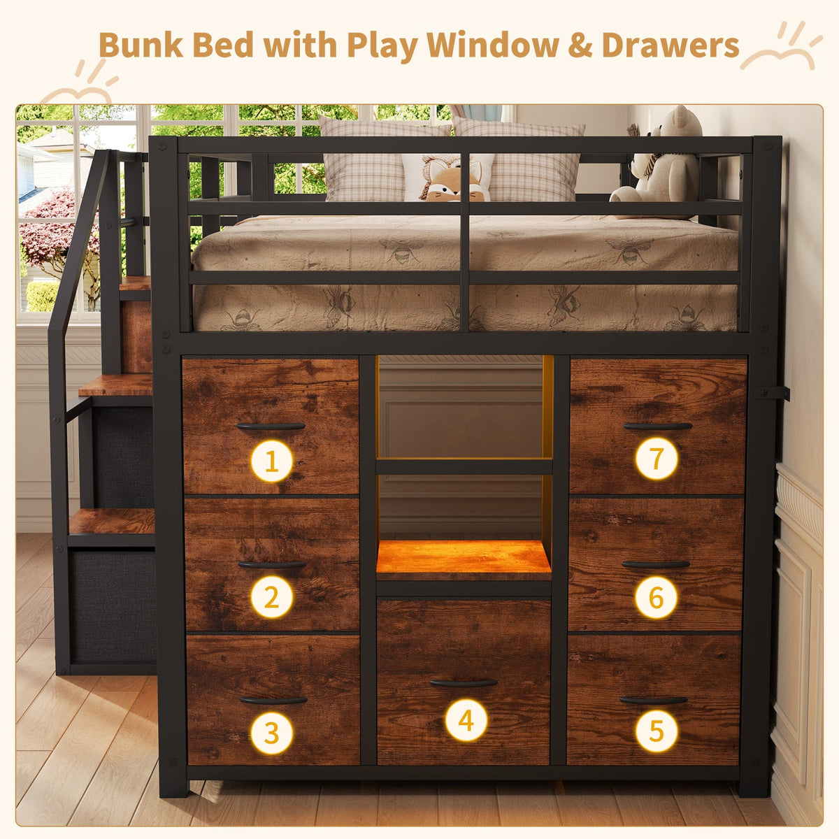 Twin Low Loft Bed with Storage Stairs, 10 Fabric Drawers, RGB LED Lights & Clothes Rail, Brown Metal Frame - YanosakuUS-BF037-BK-T