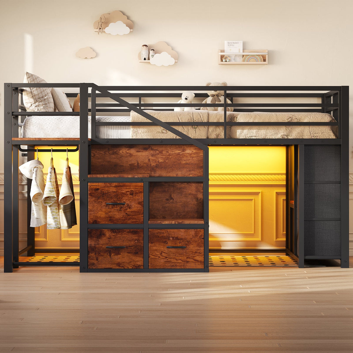 Twin Low Loft Bed with Storage Stairs, 10 Fabric Drawers, RGB LED Lights & Clothes Rail, Brown Metal Frame - YanosakuUS-BF037-BK-T